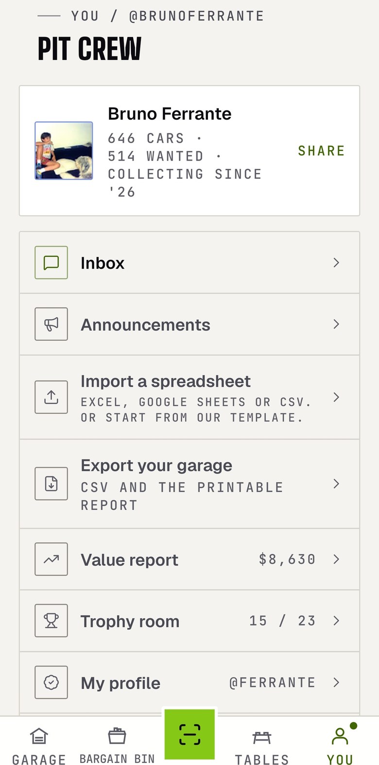 Pit Crew in Diecast Garage: import a spreadsheet, export your garage